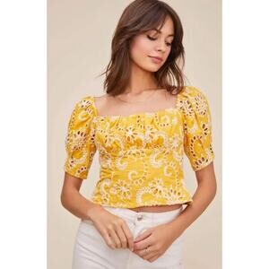ASTR the Label Bondi Floral Eyelet Top Large Mustard Yellow Floral Embroidered